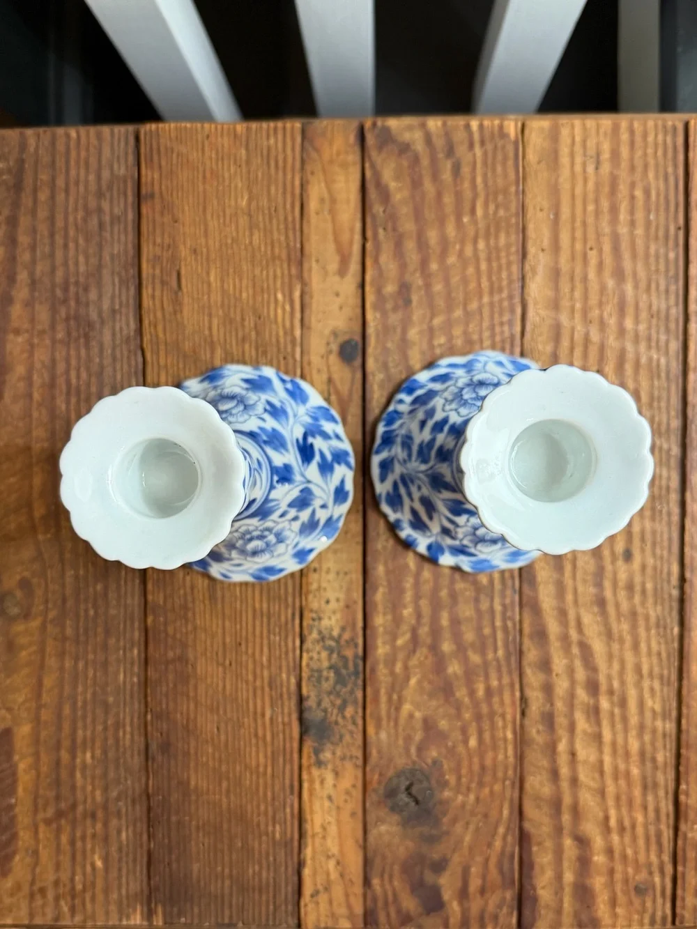 Pair of Blue and White Ceramic Candlesticks with Vintage Tulip Glass Votive Cups